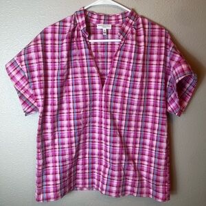 Waverly Grey Checkered Pink/Red/Blue Short Sleeve Blouse Size M